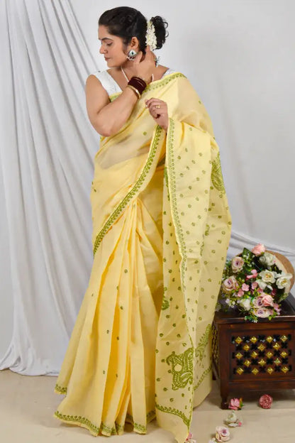 Handcrafted Yellow Cotton Saree with intricate Lucknowi Chikankari Embroidery and a matching Blouse, ideal for Festive and  occasions.