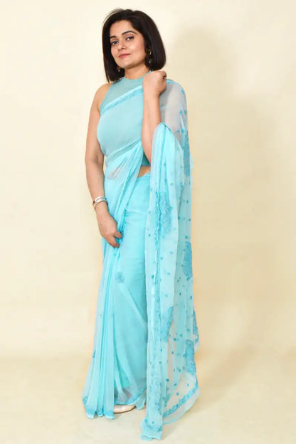 Fabnuma Handcrafted Sky Blue Georgette Chikankari Saree-Blouse - Fabnuma
