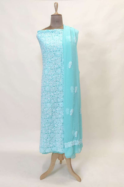 Fabnuma Handcrafted Sea Green Georgette Chikankari 3Pcs Unstiched Suit Set - Fabnuma