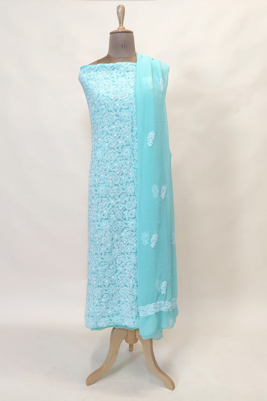Fabnuma Handcrafted Sea Green Georgette Chikankari 3Pcs Unstiched Suit Set - Fabnuma