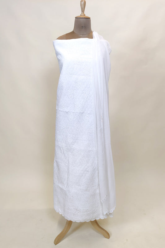 Fabnuma Handcrafted White Cotton Chikankari 3Pcs Unstiched Suit Set - Fabnuma