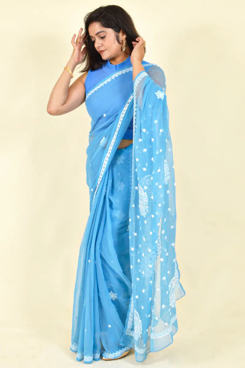Fabnuma Handcrafted Aqua Blue Georgette Chikankari Saree-Blouse - Fabnuma