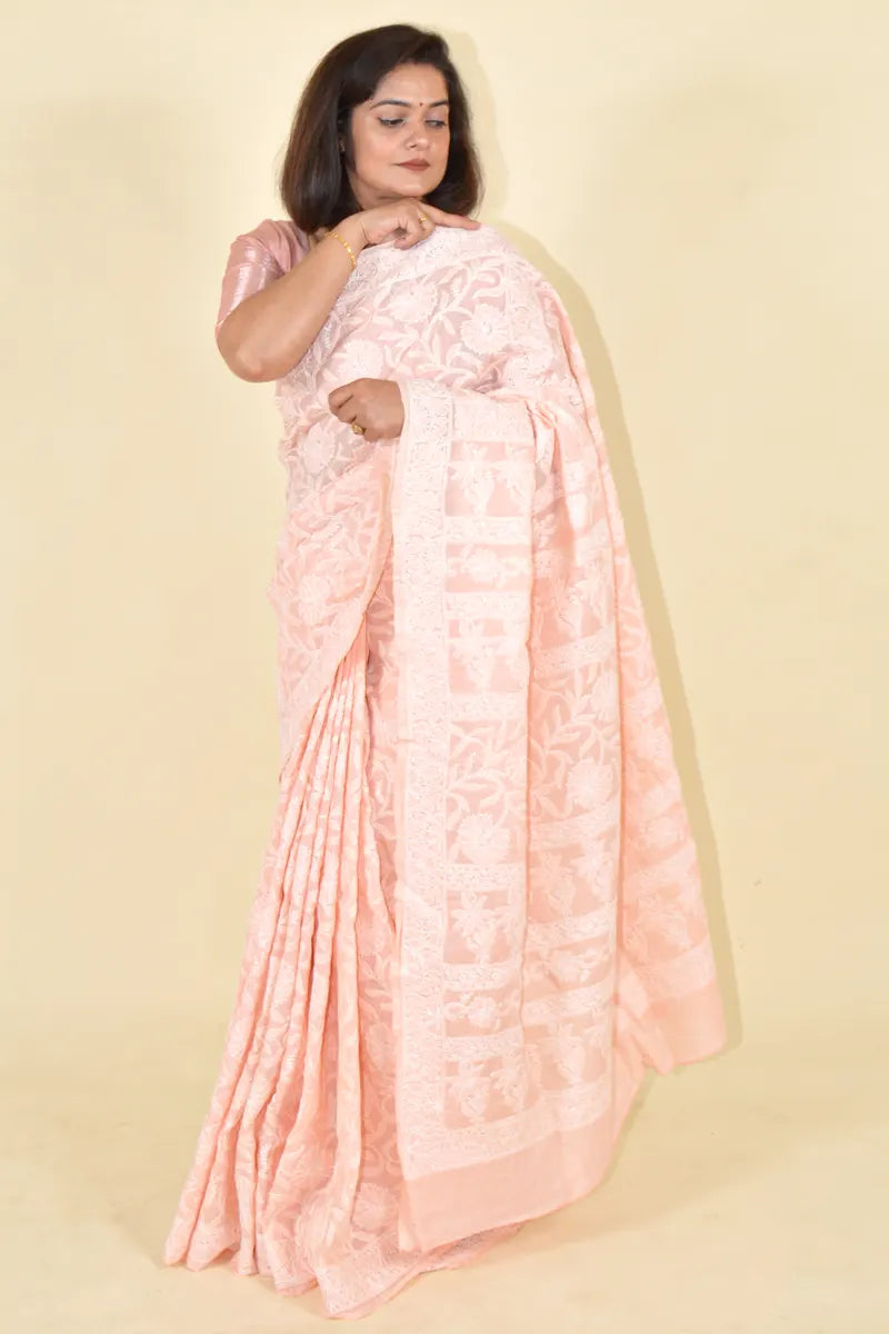Fabnuma Handcrafted Peach Cotton Chikankari Saree-Blouse Fabnuma