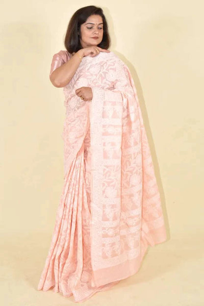 MeMaana Handcrafted Peach Cotton Chikankari Saree-Blouse MeMaana