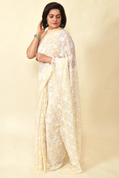 Fabnuma Handcrafted Beige Georgette Tepchi Chikankari Saree-Blouse - Fabnuma
