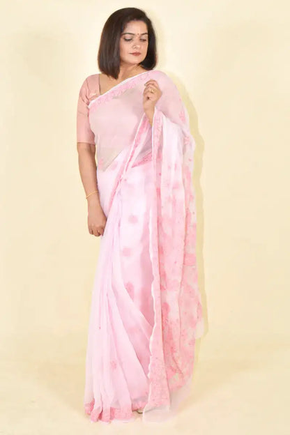 Fabnuma Handcrafted Pink Georgette Chikankari Saree-Blouse - Fabnuma