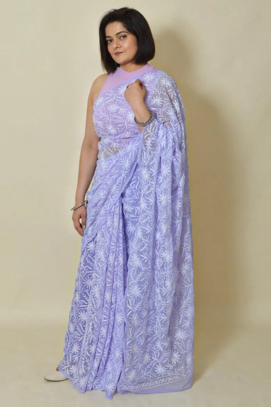 Fabnuma Handcrafted Lavender Georgette Tepchi Chikankari Saree-Blouse - Fabnuma