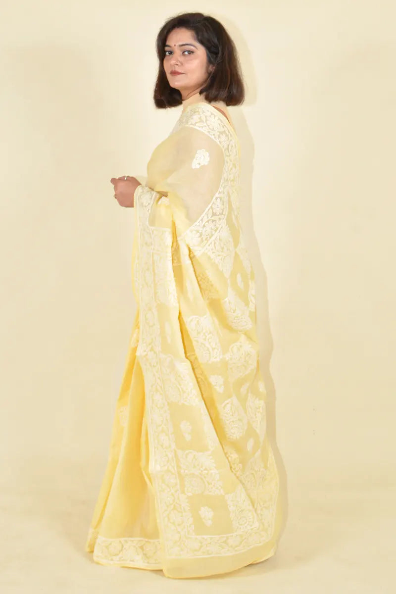 Fabnuma Handcrafted Fawn Cotton Chikankari Saree-Blouse - Fabnuma