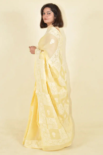 Fabnuma Handcrafted Fawn Cotton Chikankari Saree-Blouse - Fabnuma