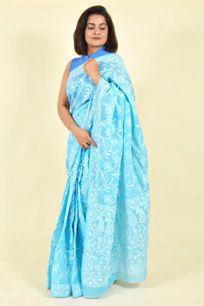 Fabnuma Handcrafted Sky Blue Cotton Chikankari Saree-Blouse - Fabnuma