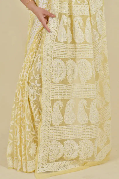 Fabnuma Handcrafted Lemon Georgette Chikankari Saree-Blouse - Fabnuma