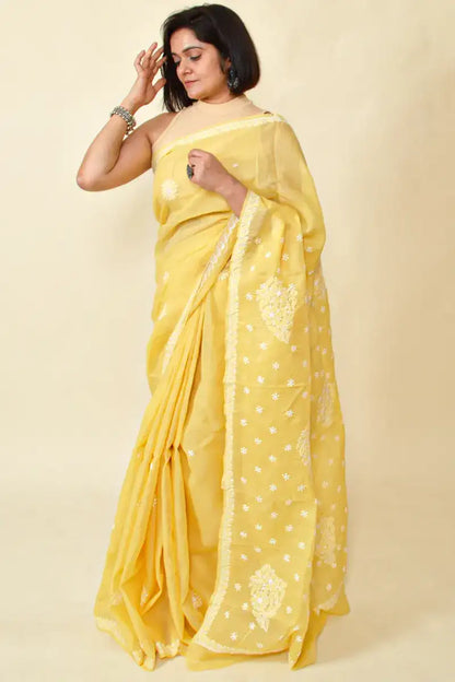 Fabnuma Handcrafted Yellow Cotton Chikankari Saree-Blouse - Fabnuma