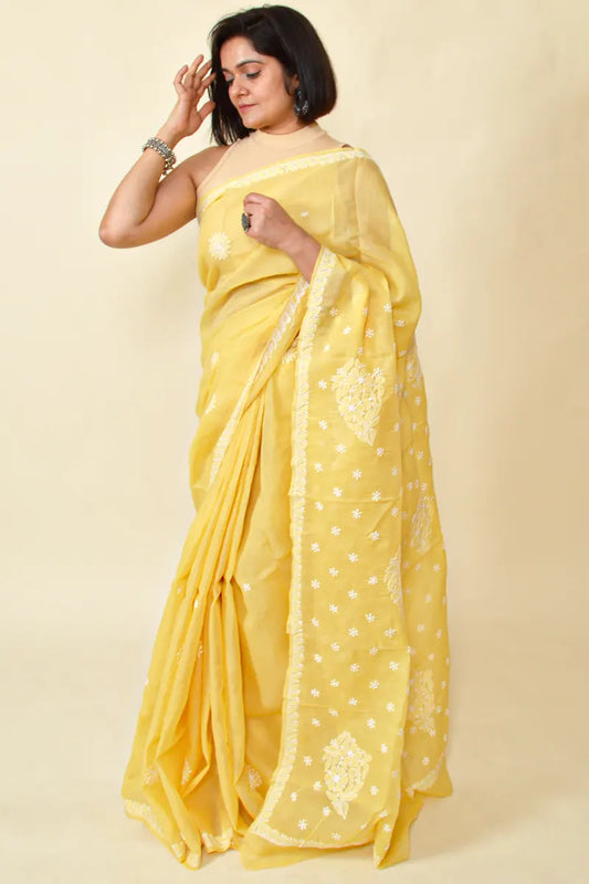 Fabnuma Handcrafted Yellow Cotton Chikankari Saree-Blouse - Fabnuma