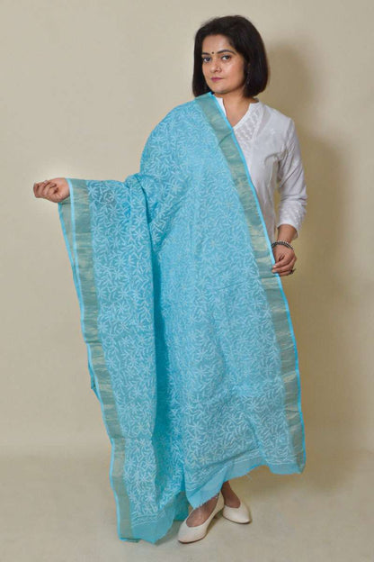 Fabnuma Handcrafted Sky Blue Kota Cotton Chikankari Dupatta - Fabnuma
