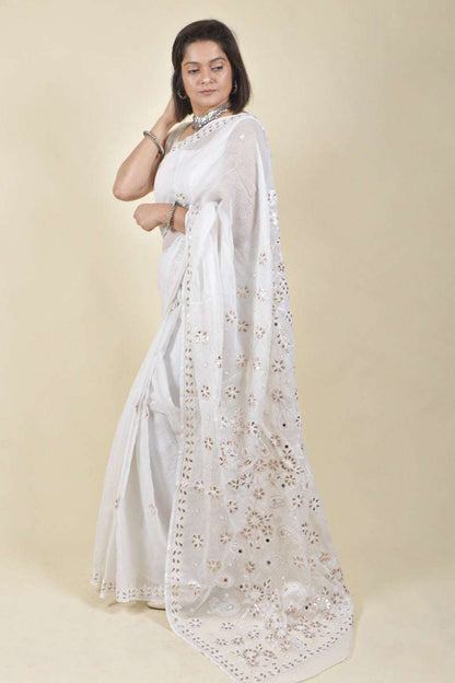 Fabnuma Handcrafted White Kota Cotton Chikankari Saree-Blouse - Fabnuma