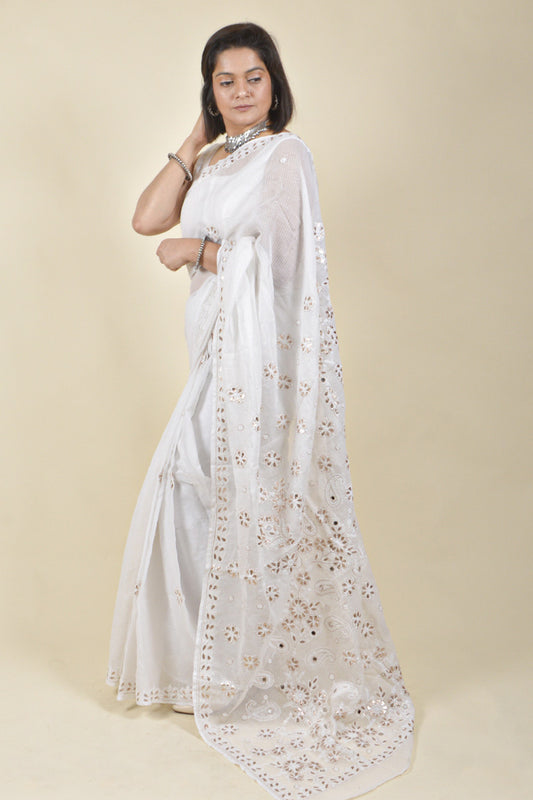 Fabnuma Handcrafted White Kota Cotton Chikankari Saree-Blouse - Fabnuma