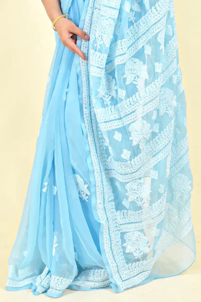 Fabnuma Handcrafted Sky Blue Georgette Chikankari Saree-Blouse - Fabnuma