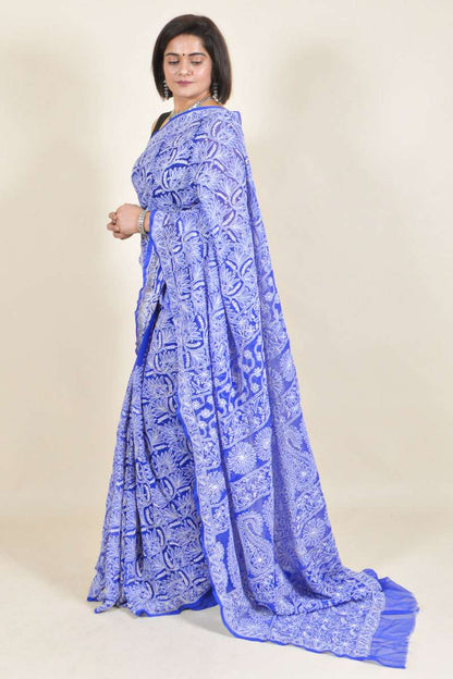 Fabnuma Handcrafted Blue Georgette Chikankari Saree-Blouse - Fabnuma