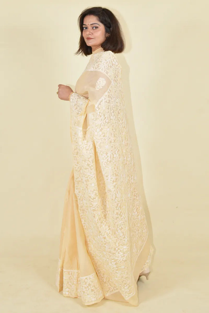 Fabnuma Handcrafted Beige Cotton Chikankari Saree-Blouse Fabnuma