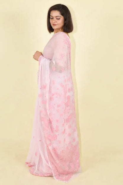 Fabnuma Handcrafted Pink Georgette Chikankari Saree-Blouse - Fabnuma