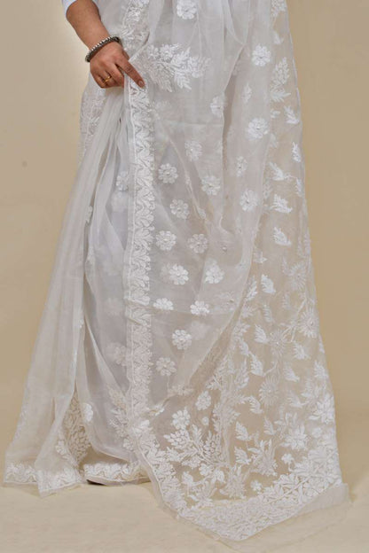 Fabnuma Handcrafted White Organza Chikankari Saree-Blouse - Fabnuma