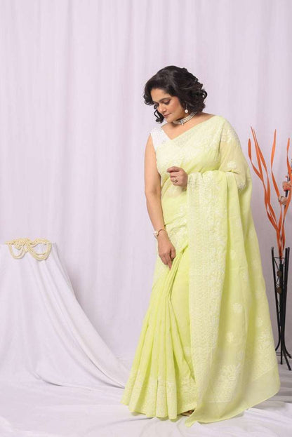 MeMaana Handcrafted Lemon Cotton Chikankari Saree-Blouse MeMaana