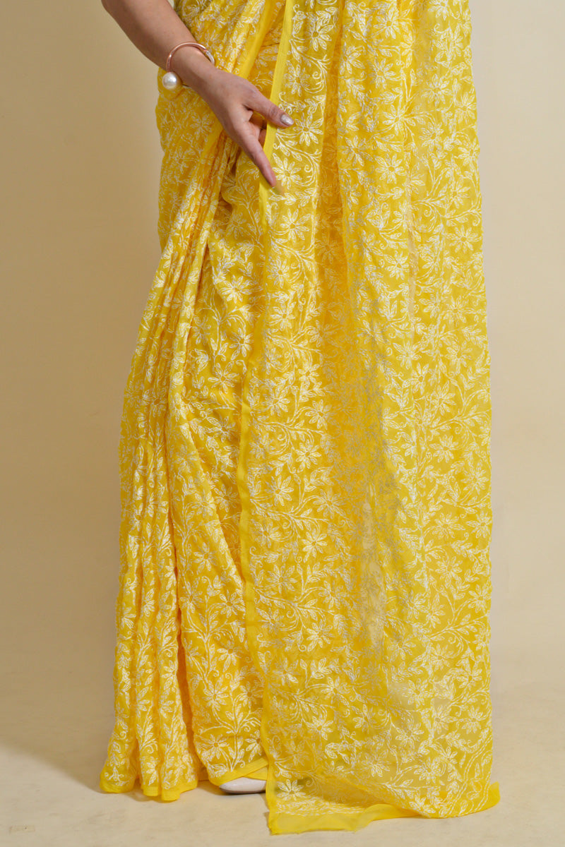 Fabnuma Handcrafted Yellow Georgette Chikankari Tepchi Saree-Blouse - Fabnuma
