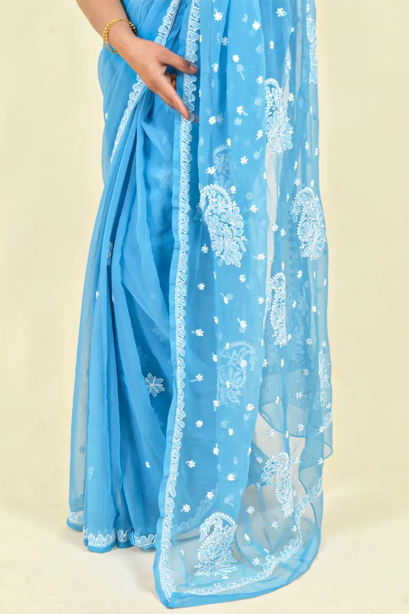 Fabnuma Handcrafted Aqua Blue Georgette Chikankari Saree-Blouse - Fabnuma