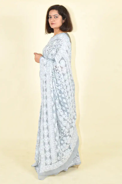 Fabnuma Handcrafted Gray Georgette Chikankari Saree-Blouse - Fabnuma