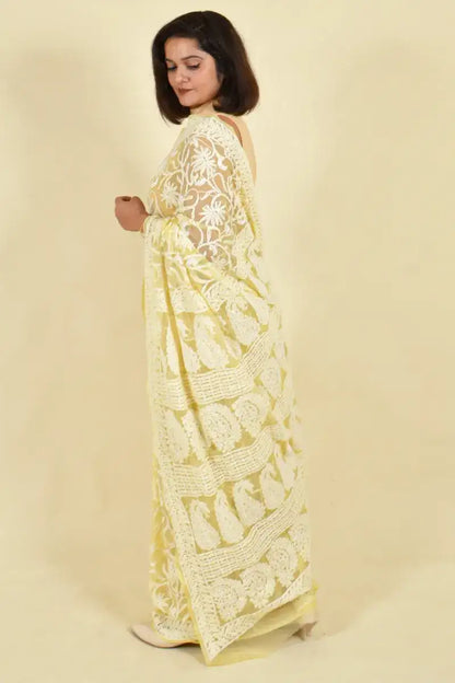 Fabnuma Handcrafted Lemon Georgette Chikankari Saree-Blouse - Fabnuma