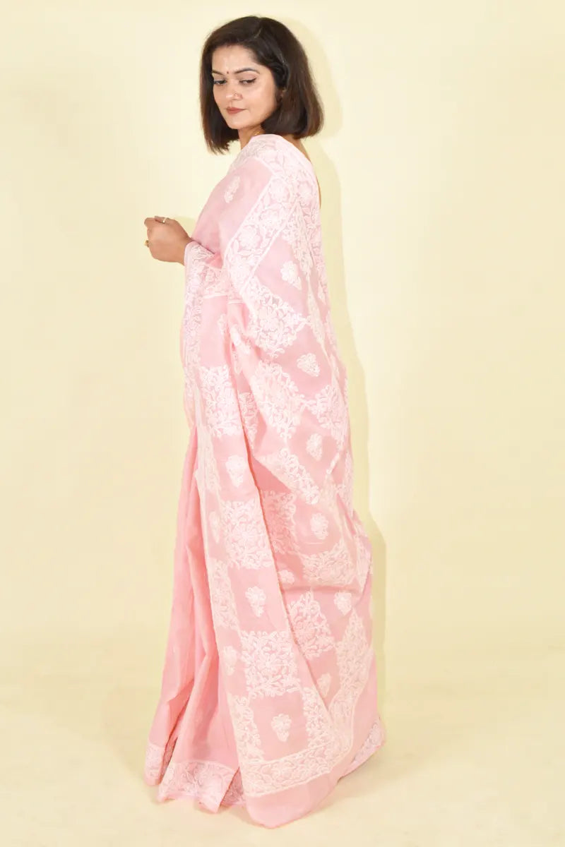 Fabnuma Handcrafted Peach Cotton Chikankari Saree-Blouse Fabnuma