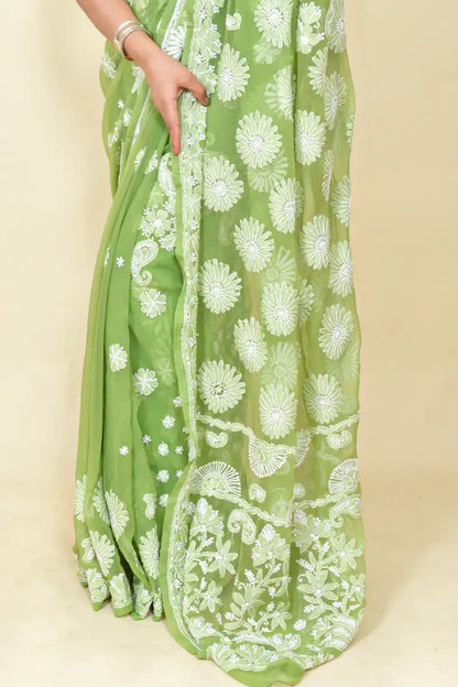 Fabnuma Handcrafted Green Georgette Chikankari Saree-Blouse - Fabnuma