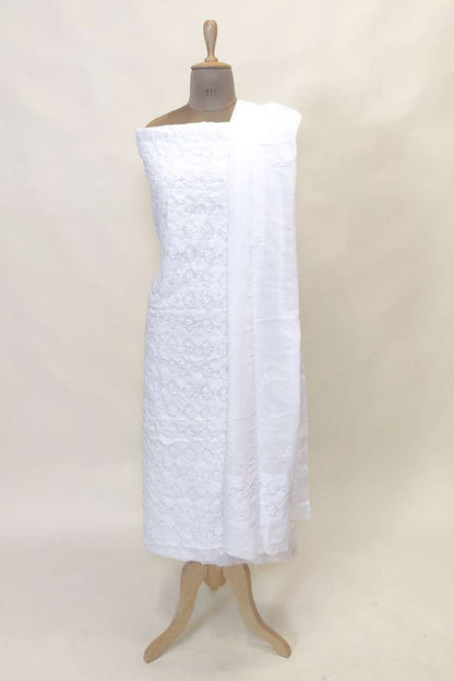 Fabnuma Handcrafted White Cotton Chikankari 3Pcs Unstiched Suit Set-Daraj Work - Fabnuma