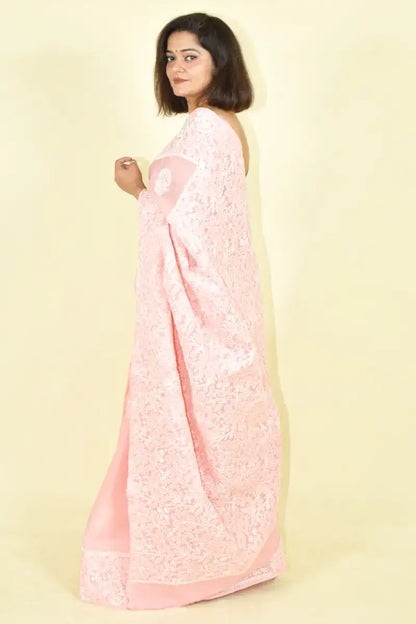 Fabnuma Handcrafted Peach Cotton Chikankari Saree-Blouse - Fabnuma