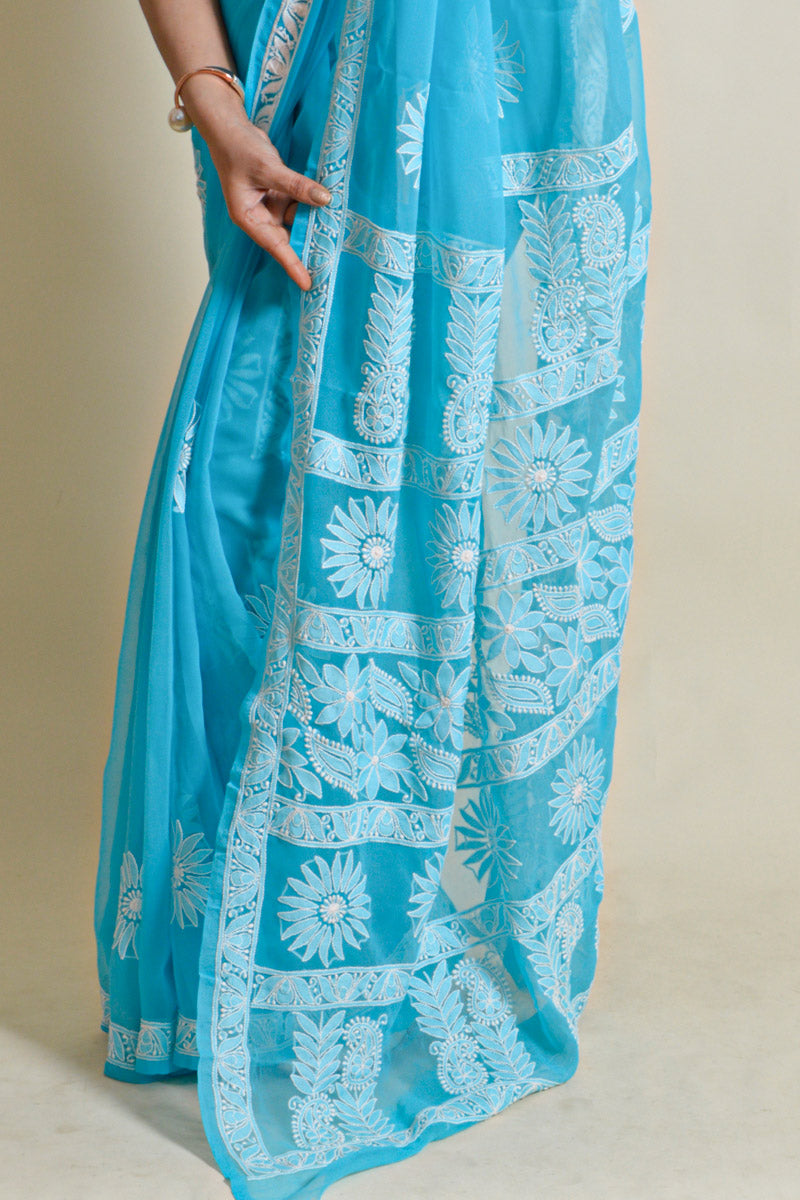 Fabnuma Handcrafted Aqua Blue Georgette Chikankari Saree-Blouse - Fabnuma