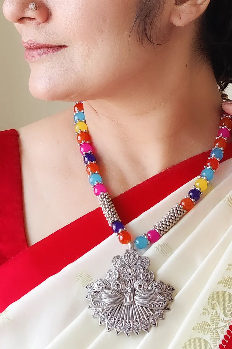 Fabnuma Handcrafted Multi Beaded Neckpiece & Oxidize Plated Pendant - Fabnuma