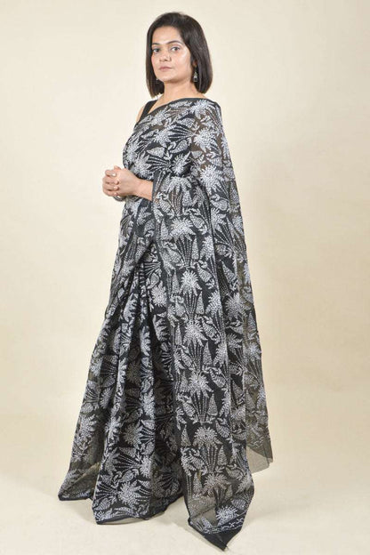 Fabnuma Handcrafted Black Kota Cotton Chikankari Saree-Blouse - Fabnuma
