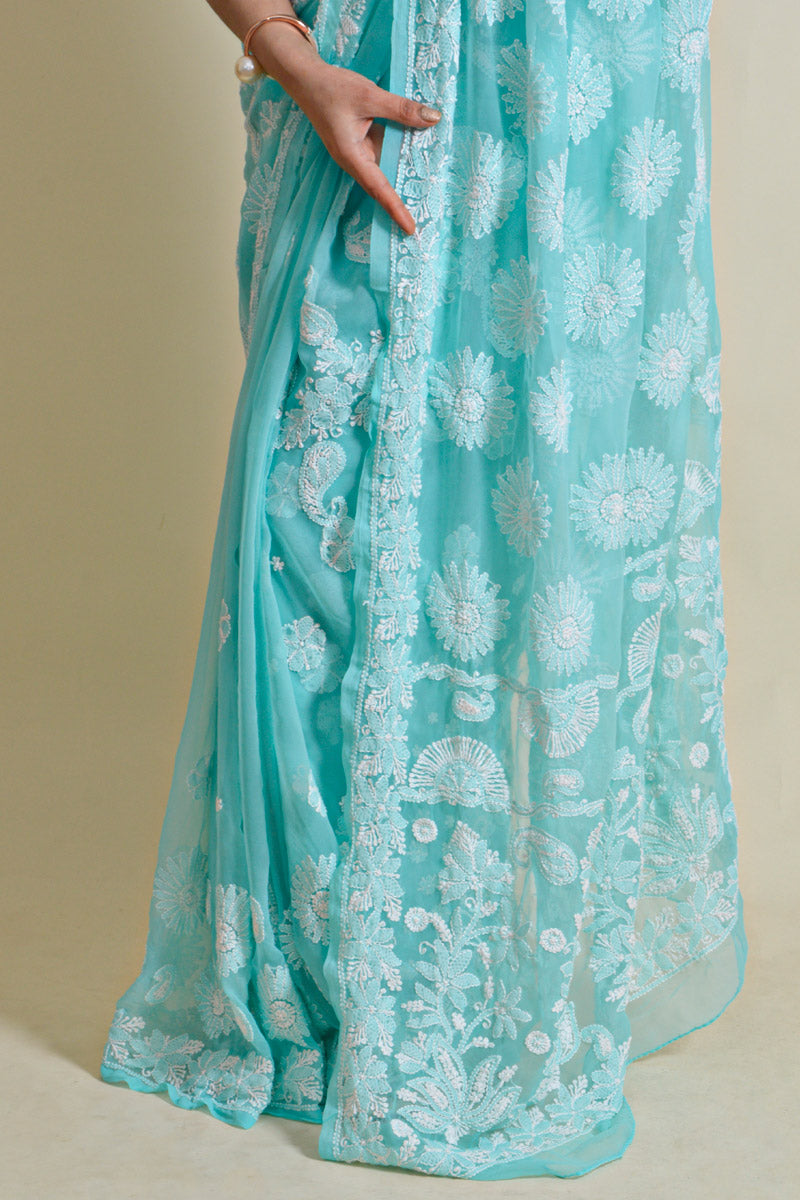 Fabnuma Handcrafted Aqua Green Georgette Chikankari Saree-Blouse - Fabnuma