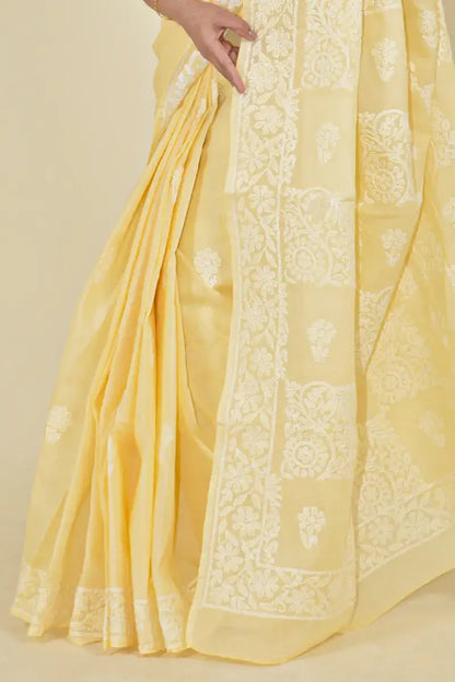 Fabnuma Handcrafted Fawn Cotton Chikankari Saree-Blouse - Fabnuma