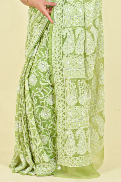 Fabnuma Handcrafted Green Georgette Chikankari Saree-Blouse - Fabnuma
