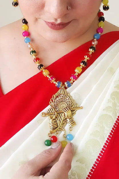Fabnuma Handcrafted Multi Golden Oxidize Antic Plated Pendant Neckpiece & Dangle Earrings - Fabnuma