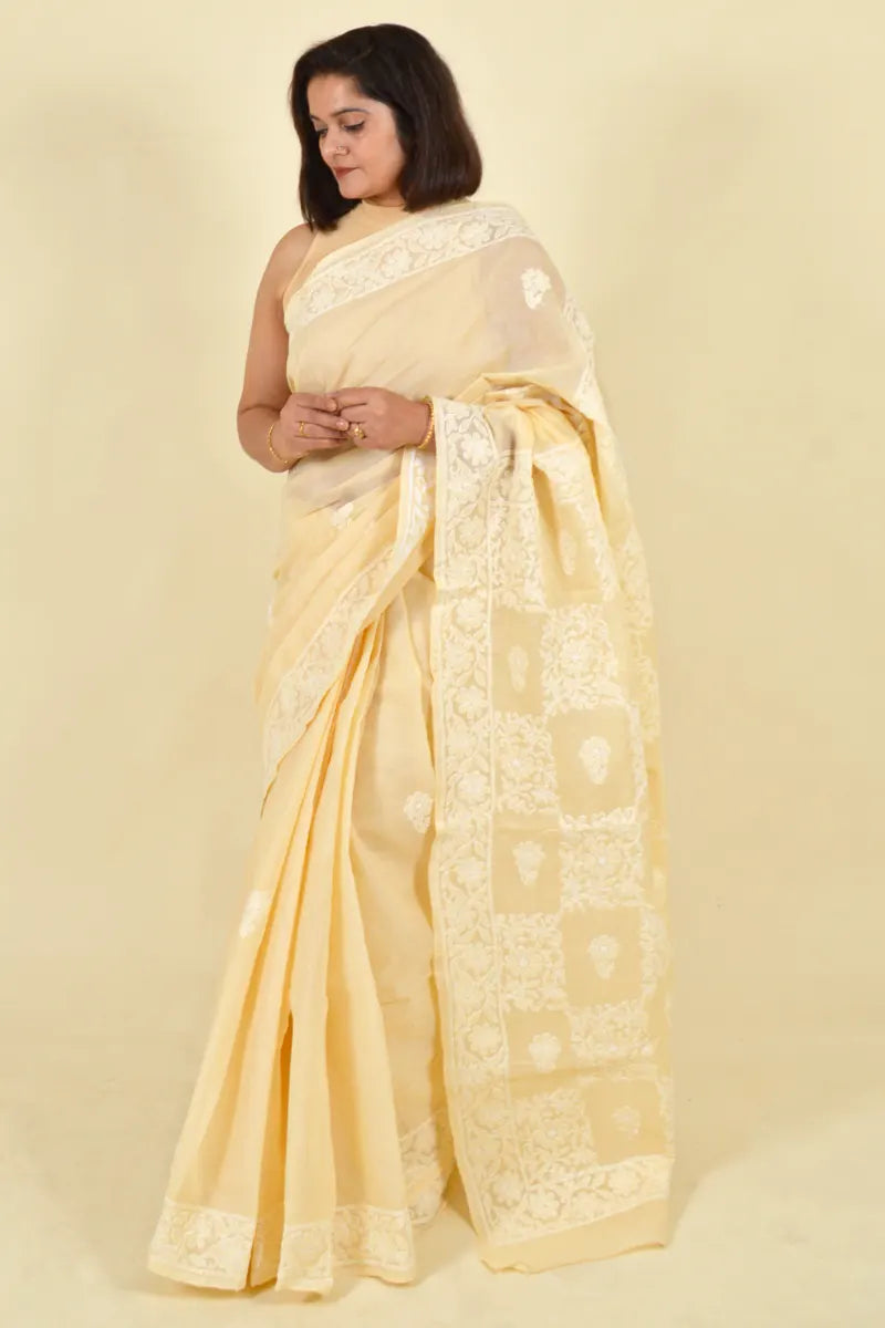 Fabnuma Handcrafted Beige Cotton Chikankari Saree-Blouse - Fabnuma