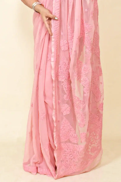 Fabnuma Handcrafted Peach With Mukaish Work Georgette Chikankari Saree-Blouse - Fabnuma