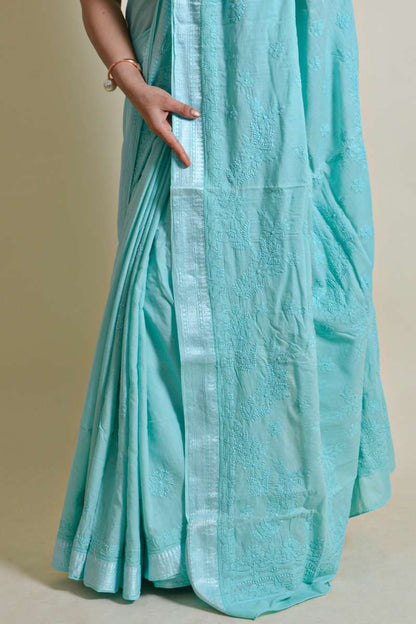 Fabnuma Handcrafted Sea Green Mulmul Cotton Chikankari Saree-Blouse - Fabnuma