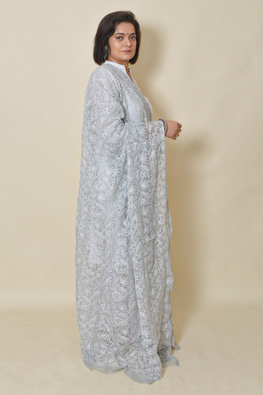 Fabnuma Handcrafted Grey Georgette Allover Tepchi Chikankari Dupatta - Fabnuma