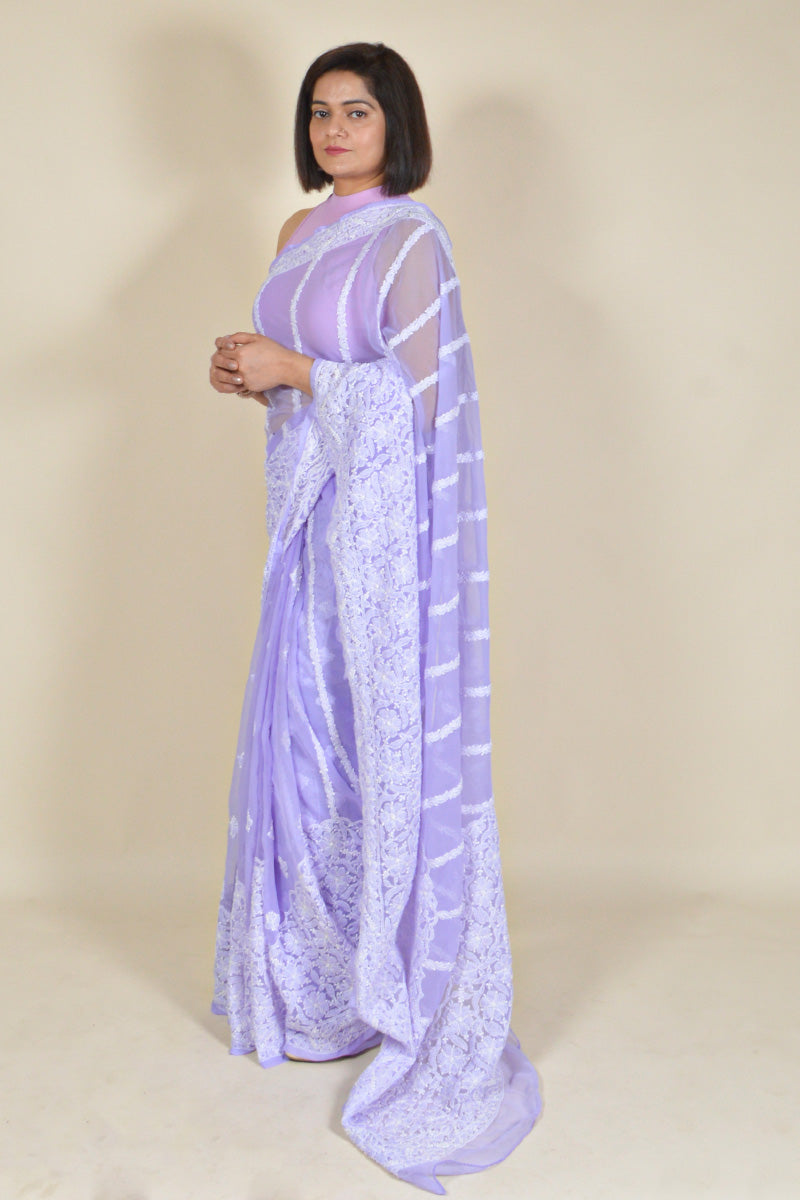 Fabnuma Handcrafted Lavender Georgette Chikankari Saree-Blouse - Fabnuma
