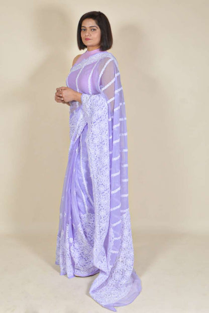Fabnuma Handcrafted Lavender Georgette Chikankari Saree-Blouse - Fabnuma