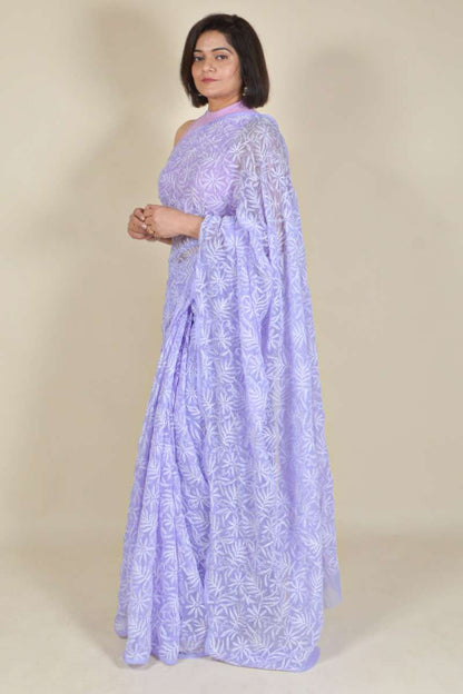Fabnuma Handcrafted Lavender Georgette Tepchi Chikankari Saree-Blouse - Fabnuma