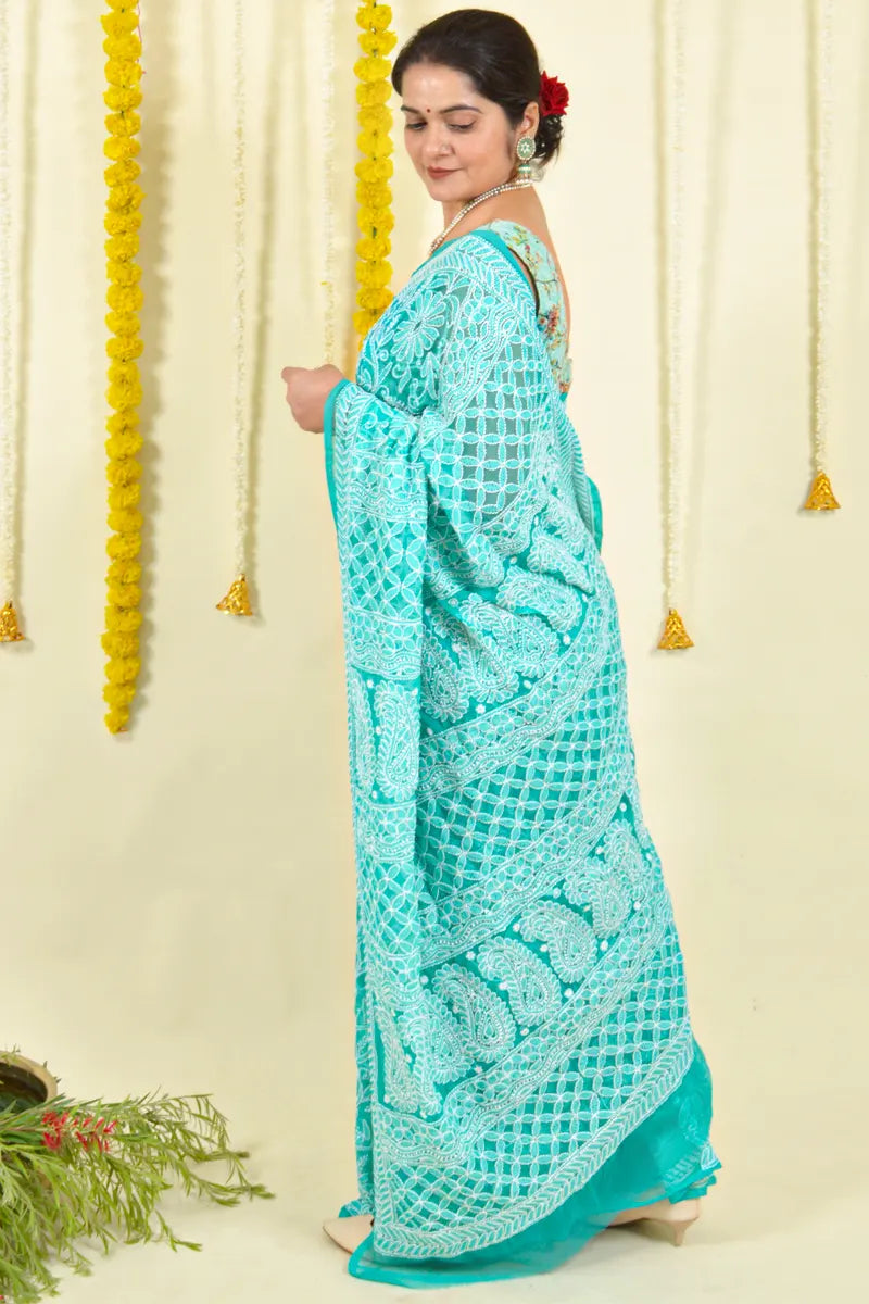 Fabnuma Handcrafted Aqua Blue Georgette Chikankari Saree-Blouse Fabnuma
