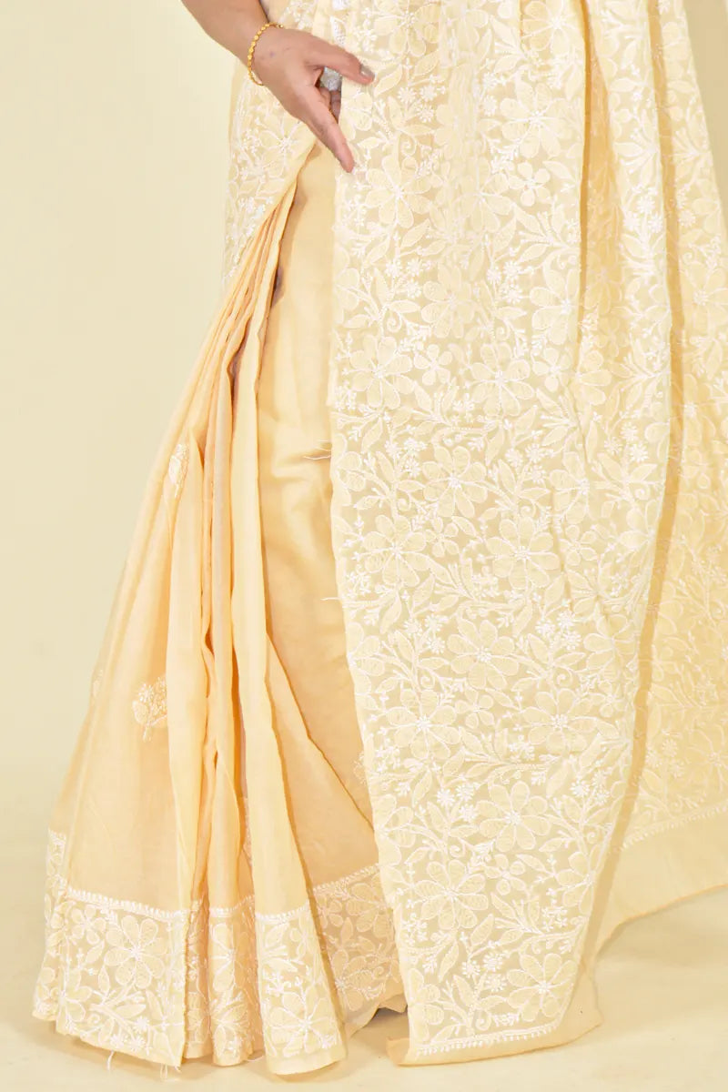 Fabnuma Handcrafted Beige Cotton Chikankari Saree-Blouse Fabnuma